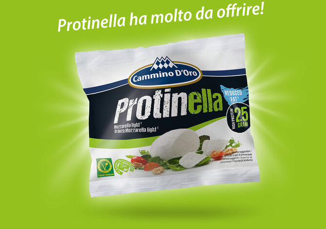 Imballaggio del formaggio proteico Protinella. Mozzarella ad alto contenuto proteico
