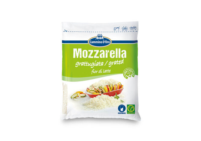 Mozzarella Grated - GOLDSTEIG Käsespezialitäten Mozzarella Grated made by GOLDSTEIG shown packaged